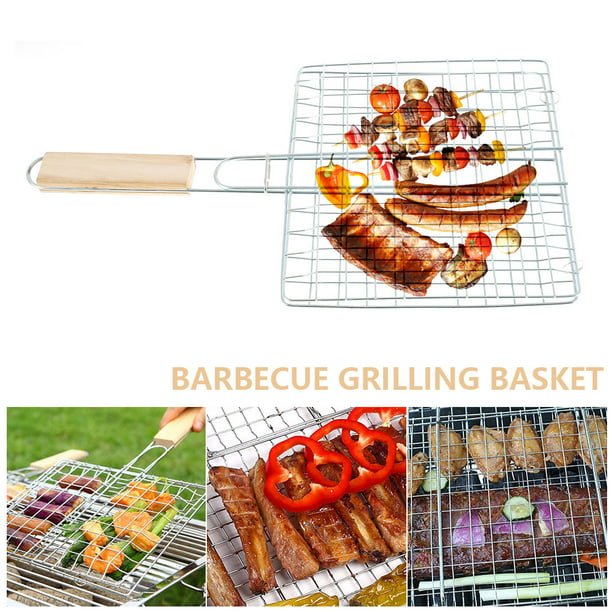 Stainless Steel Wooden Handle BBQ Sausage Grilling Basket Grill Durable Rack